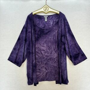 Catherines 5X 34/36W Purple Tie-Dye Twinset Top Blouse Cardigan Overlay Beaded